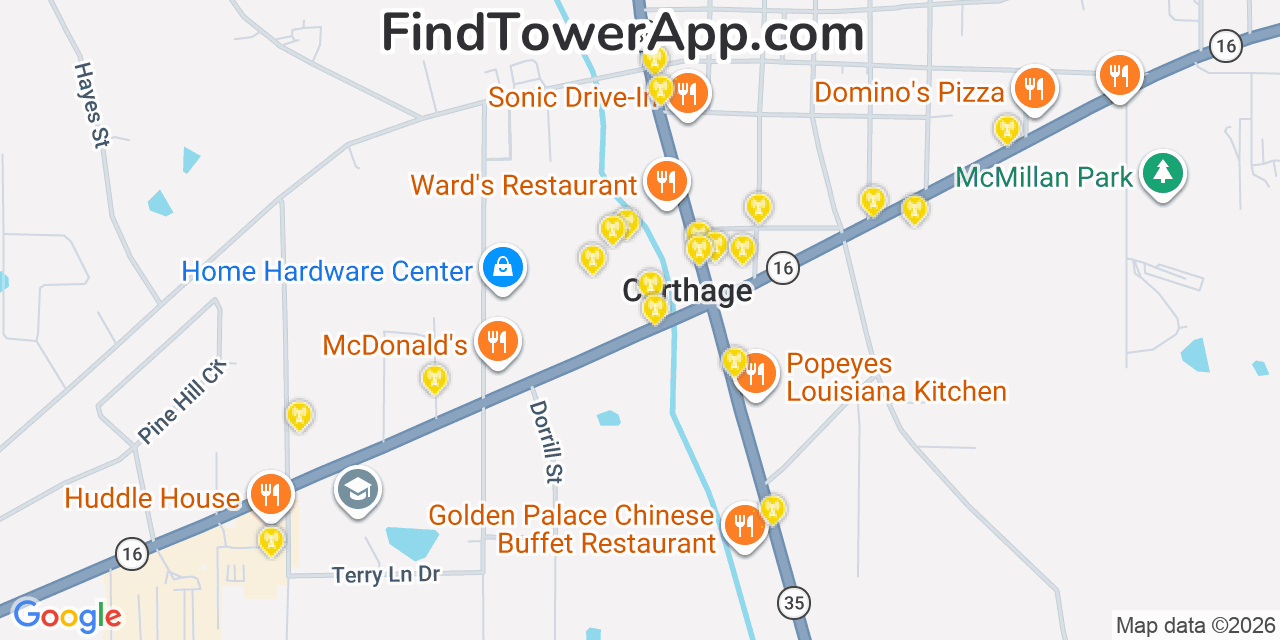 Map showing the 20 primary cell tower locations detected in Carthage, Mississippi from AT&T, Verizon, and T-Mobile networks