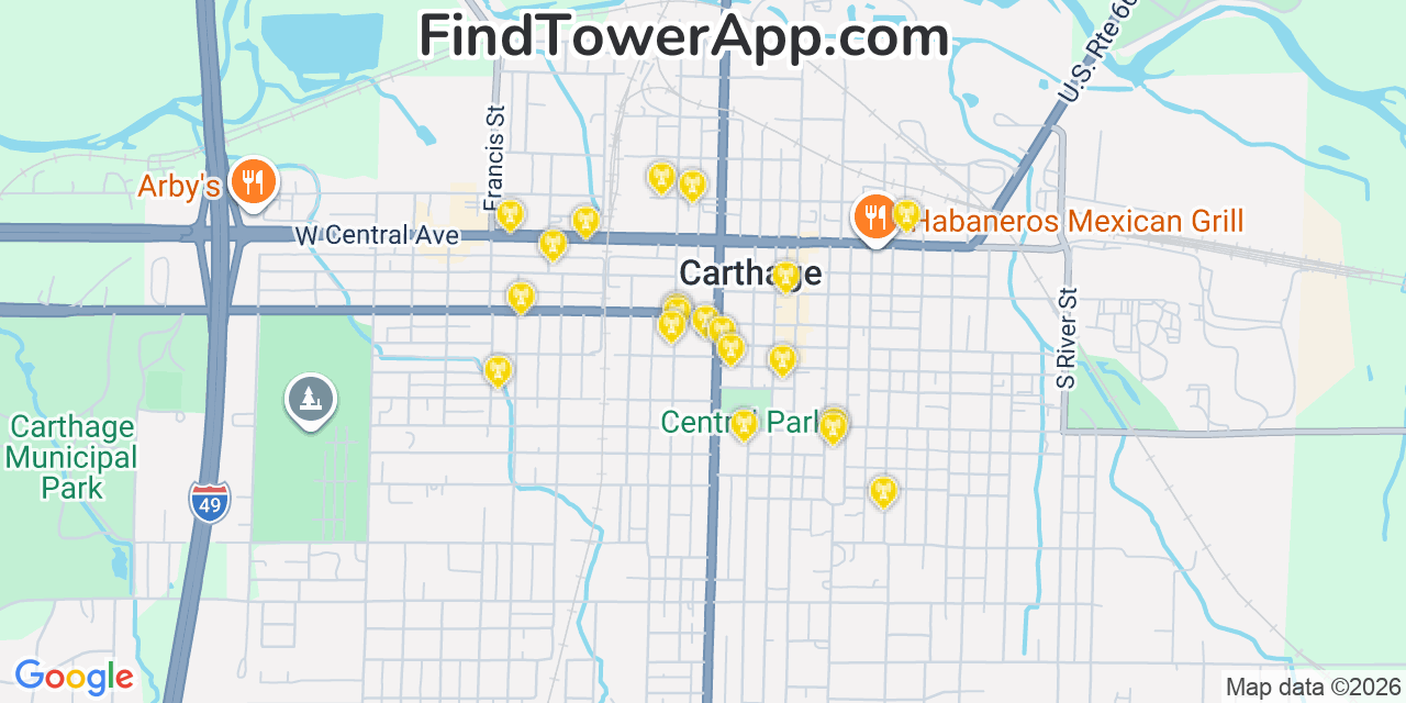 Map showing the 20 primary cell tower locations detected in Carthage, Missouri from AT&T, Verizon, and T-Mobile networks