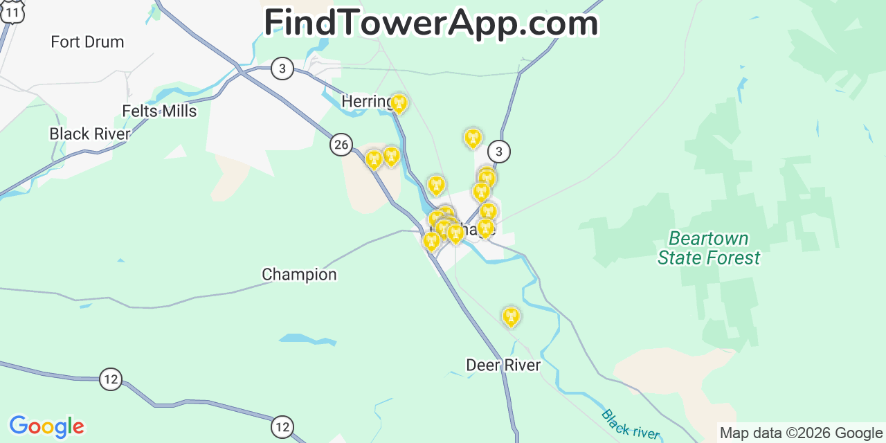 Map showing the 20 primary cell tower locations detected in Carthage, New York from AT&T, Verizon, and T-Mobile networks