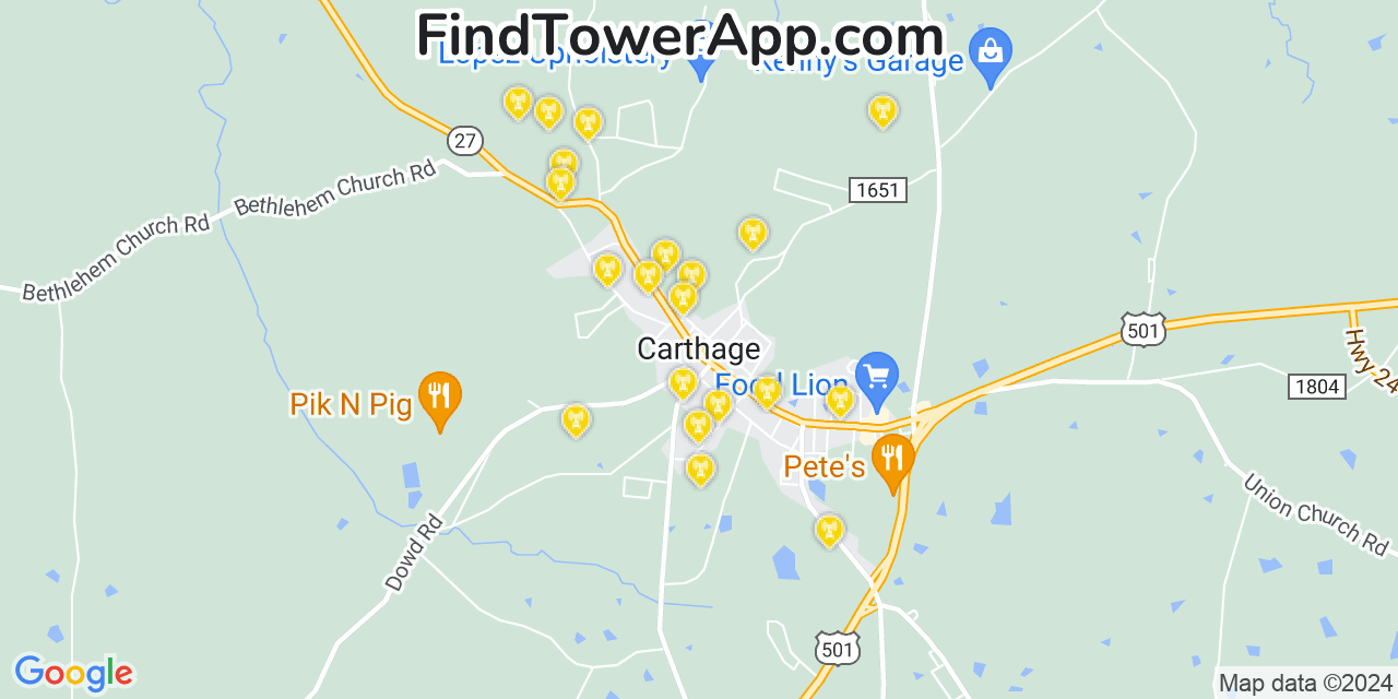 AT&T 4G/5G cell tower coverage map Carthage, North Carolina