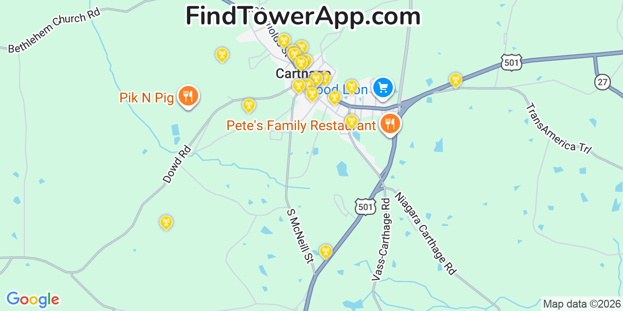 Map showing the 20 primary cell tower locations detected in Carthage, North Carolina from AT&T, Verizon, and T-Mobile networks