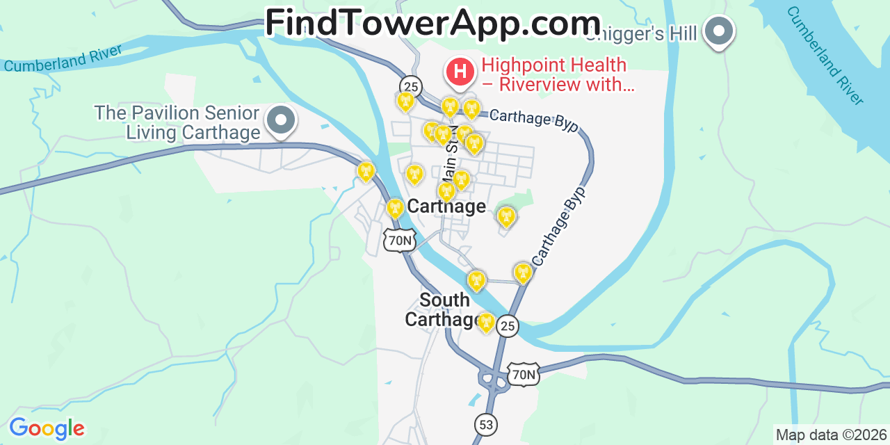 Map showing the 20 primary cell tower locations detected in Carthage, Tennessee from AT&T, Verizon, and T-Mobile networks