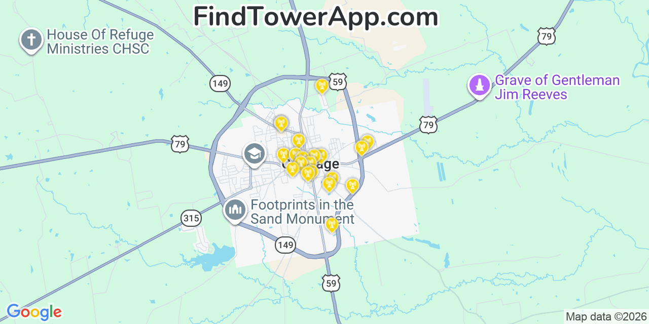Map showing the 20 primary cell tower locations detected in Carthage, Texas from AT&T, Verizon, and T-Mobile networks