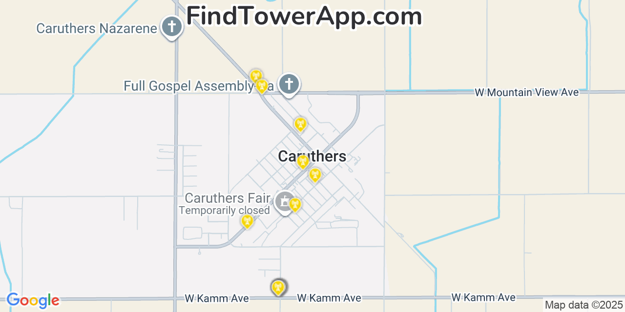 Map showing the 20 primary cell tower locations detected in Caruthers, California from AT&T, Verizon, and T-Mobile networks