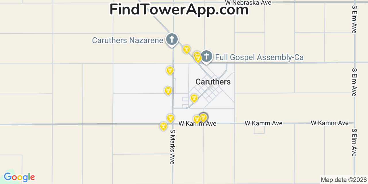 Map showing the 20 primary cell tower locations detected in Caruthers, California from AT&T, Verizon, and T-Mobile networks