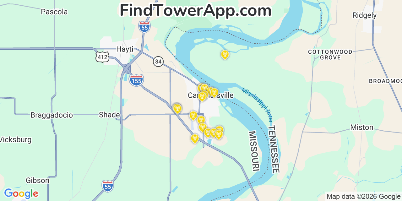 Map showing the 20 primary cell tower locations detected in Caruthersville, Missouri from AT&T, Verizon, and T-Mobile networks