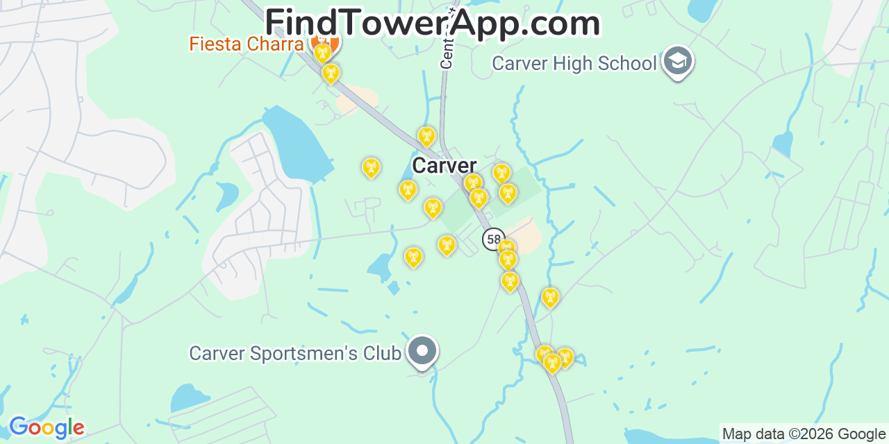Map showing the 20 primary cell tower locations detected in Carver, Massachusetts from AT&T, Verizon, and T-Mobile networks