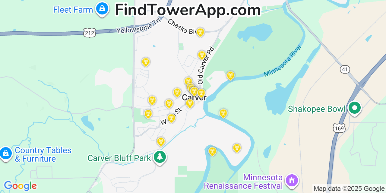 Map showing the 20 primary cell tower locations detected in Carver, Minnesota from AT&T, Verizon, and T-Mobile networks
