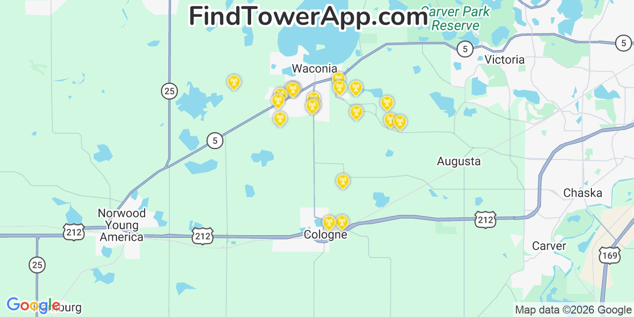 Map showing the 20 primary cell tower locations detected in Carver, Minnesota from AT&T, Verizon, and T-Mobile networks