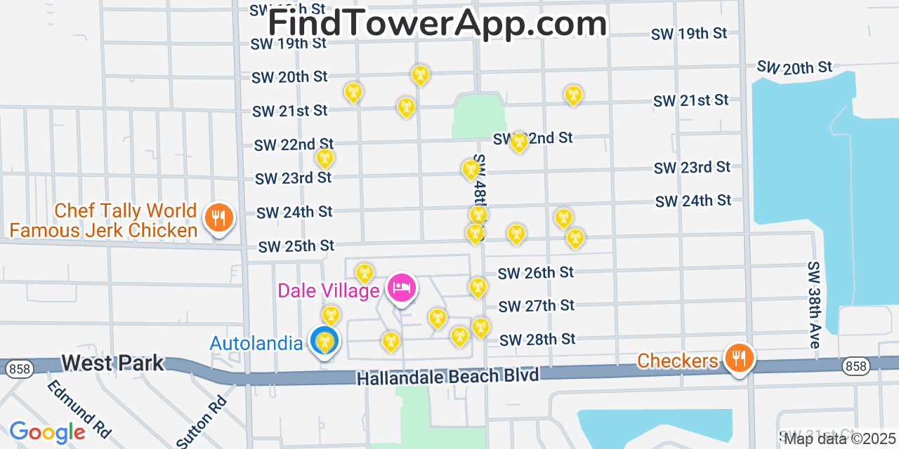 Map showing the 20 primary cell tower locations detected in Carver Ranches, Florida from AT&T, Verizon, and T-Mobile networks