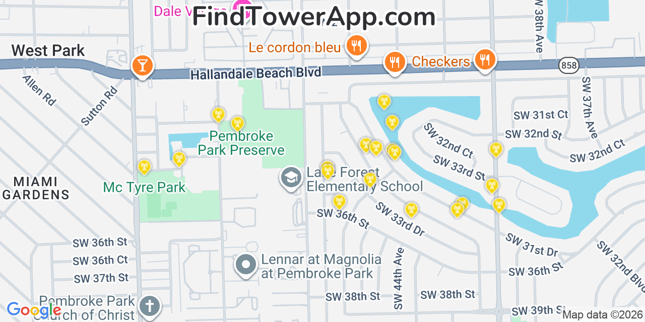 Map showing the 20 primary cell tower locations detected in Carver Ranches, Florida from AT&T, Verizon, and T-Mobile networks