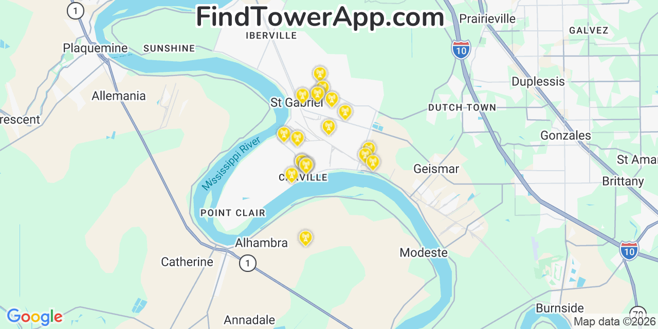 Map showing the 20 primary cell tower locations detected in Carville, Louisiana from AT&T, Verizon, and T-Mobile networks