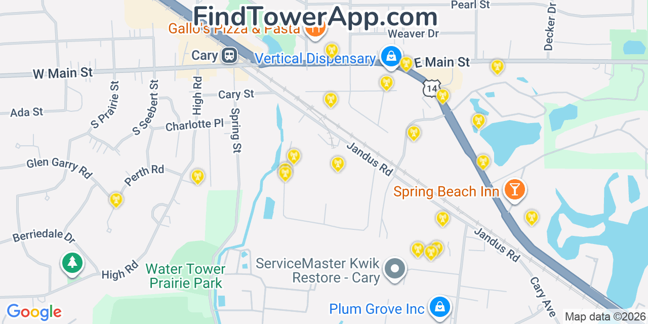 Map showing the 20 primary cell tower locations detected in Cary, Illinois from AT&T, Verizon, and T-Mobile networks