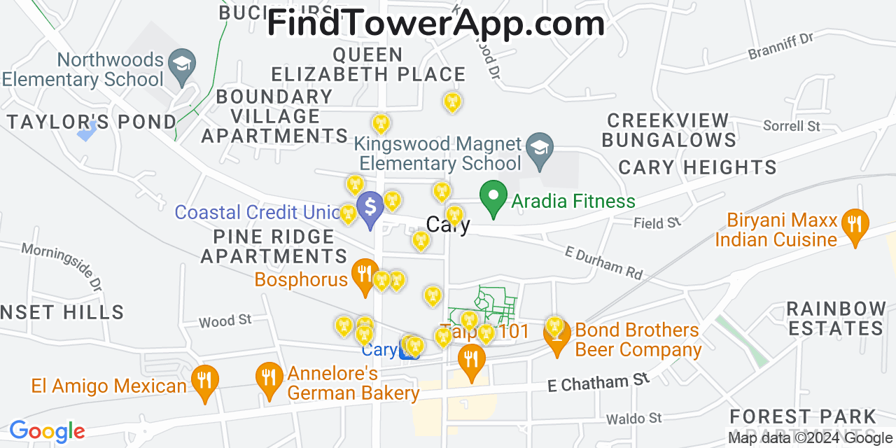 AT&T 4G/5G cell tower coverage map Cary, North Carolina