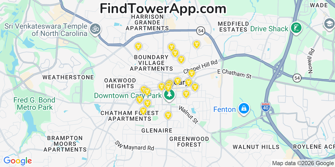 Map showing the 20 primary cell tower locations detected in Cary, North Carolina from AT&T, Verizon, and T-Mobile networks