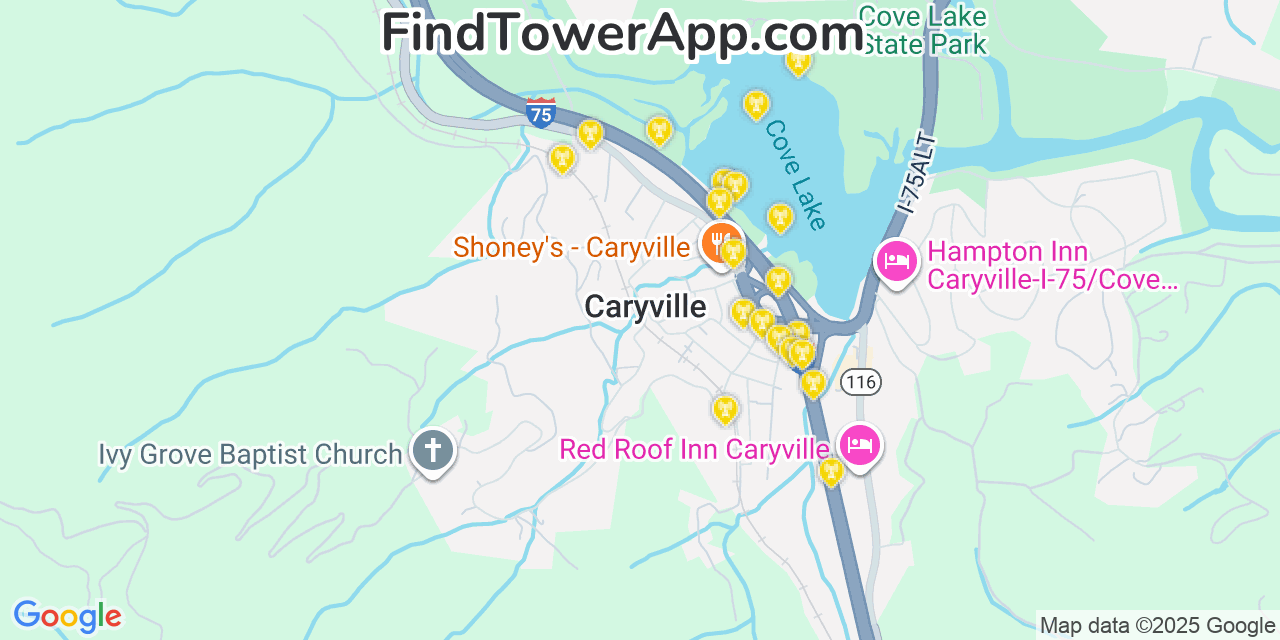 Map showing the 20 primary cell tower locations detected in Caryville, Tennessee from AT&T, Verizon, and T-Mobile networks