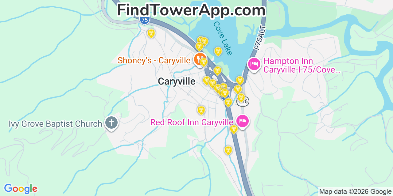 Map showing the 20 primary cell tower locations detected in Caryville, Tennessee from AT&T, Verizon, and T-Mobile networks