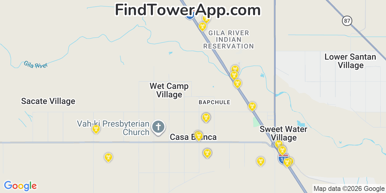 Map showing the 20 primary cell tower locations detected in Casa Blanca, Arizona from AT&T, Verizon, and T-Mobile networks