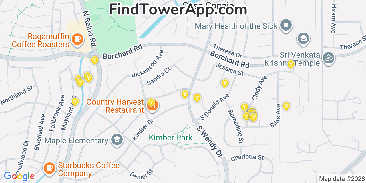 Map showing the 20 primary cell tower locations detected in Casa Conejo, California from AT&T, Verizon, and T-Mobile networks