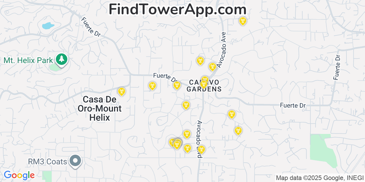 Map showing the 20 primary AT&T cell tower locations detected in Casa De Oro Mount Helix, California with coverage radius and signal strength indicators