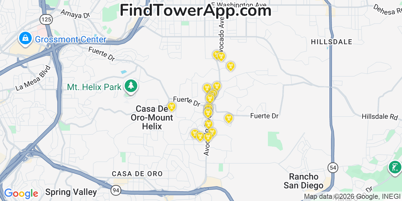 Map showing the 20 primary cell tower locations detected in Casa De Oro Mount Helix, California from AT&T, Verizon, and T-Mobile networks