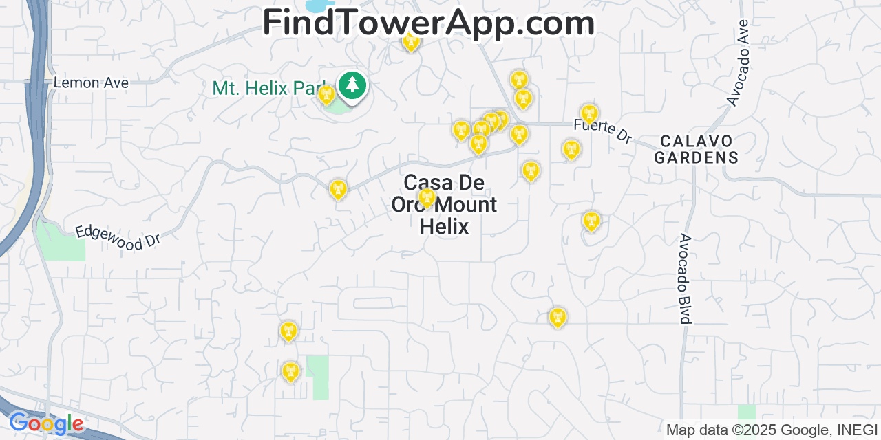 Map showing the 20 primary T-Mobile cell tower locations detected in Casa De Oro Mount Helix, California with coverage radius and signal strength indicators