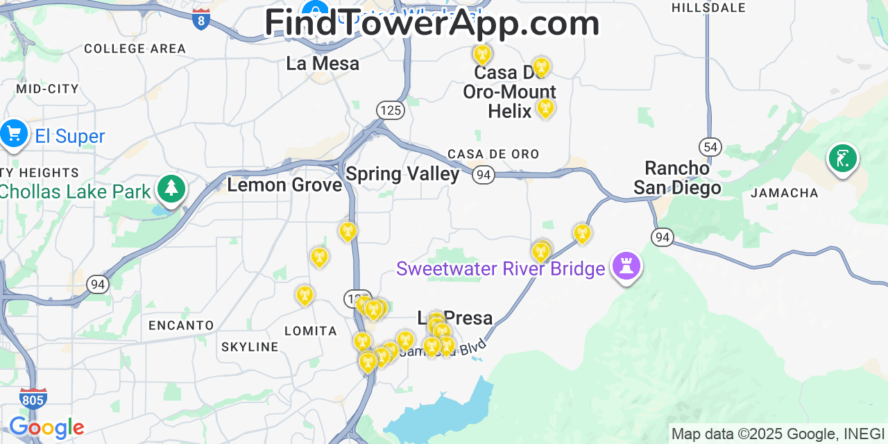 Map showing the 20 primary Verizon cell tower locations detected in Casa De Oro Mount Helix, California with coverage radius and signal strength indicators