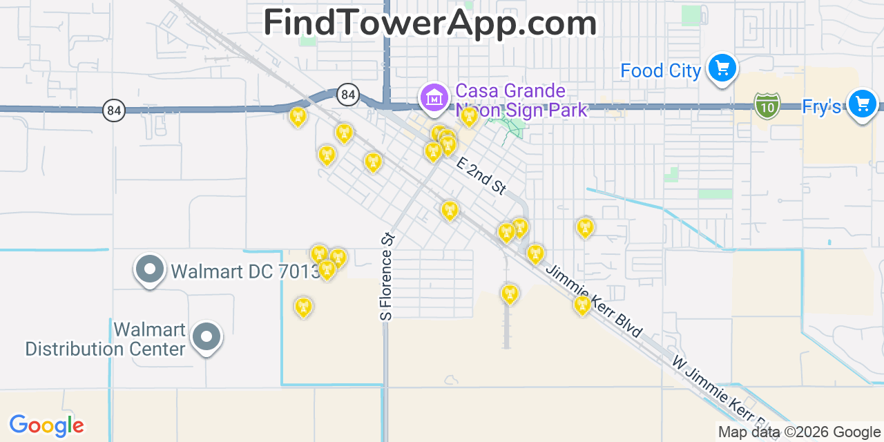 Map showing the 20 primary cell tower locations detected in Casa Grande, Arizona from AT&T, Verizon, and T-Mobile networks