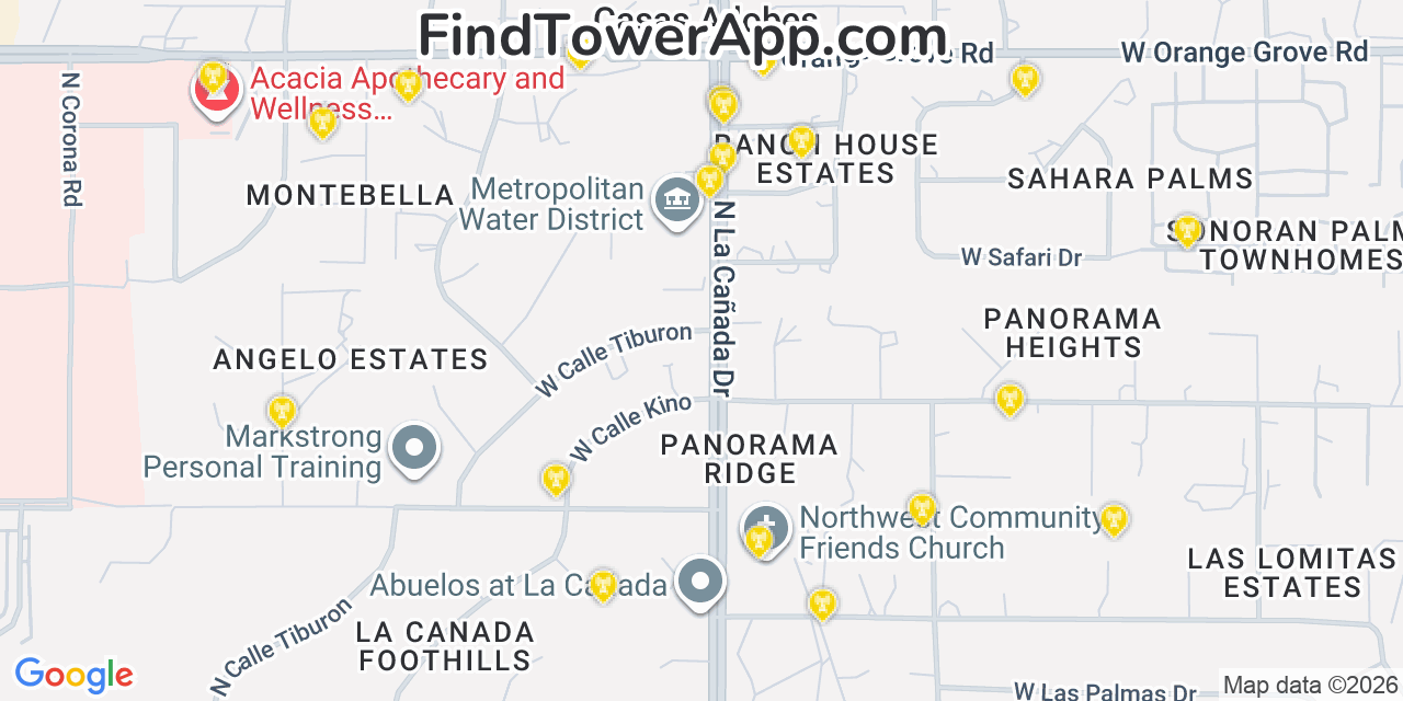 Map showing the 20 primary cell tower locations detected in Casas Adobes, Arizona from AT&T, Verizon, and T-Mobile networks