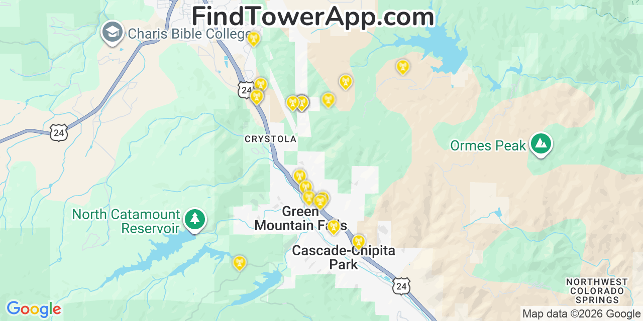 Map showing the 20 primary cell tower locations detected in Cascade Chipita Park, Colorado from AT&T, Verizon, and T-Mobile networks