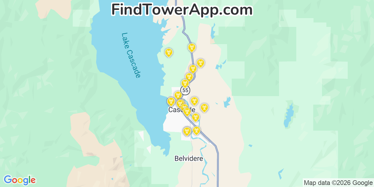 Map showing the 20 primary cell tower locations detected in Cascade, Idaho from AT&T, Verizon, and T-Mobile networks
