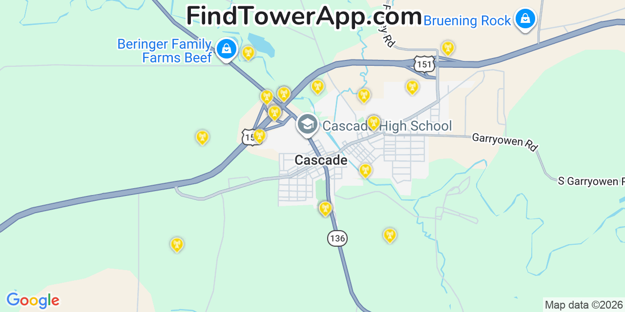 Map showing the 20 primary cell tower locations detected in Cascade, Iowa from AT&T, Verizon, and T-Mobile networks