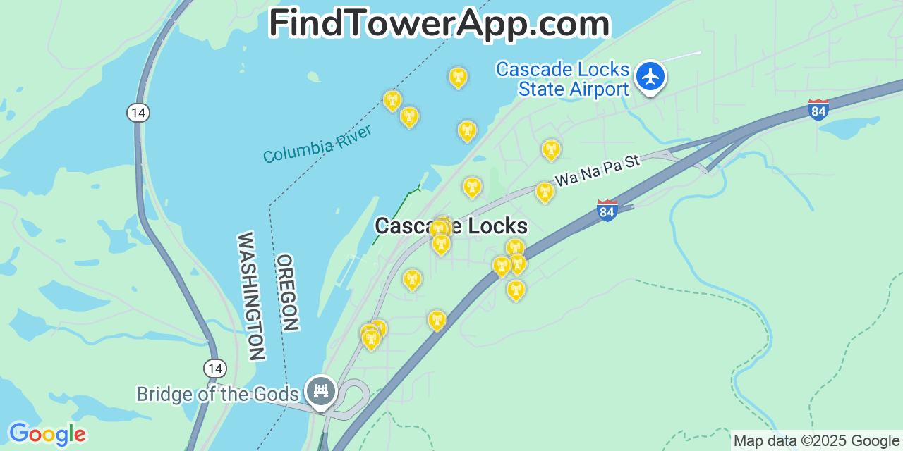 Map showing the 20 primary cell tower locations detected in Cascade Locks, Oregon from AT&T, Verizon, and T-Mobile networks