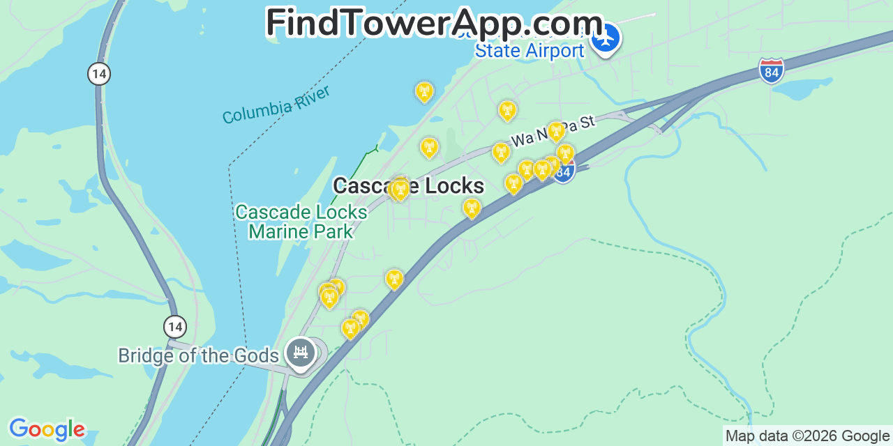 Map showing the 20 primary cell tower locations detected in Cascade Locks, Oregon from AT&T, Verizon, and T-Mobile networks