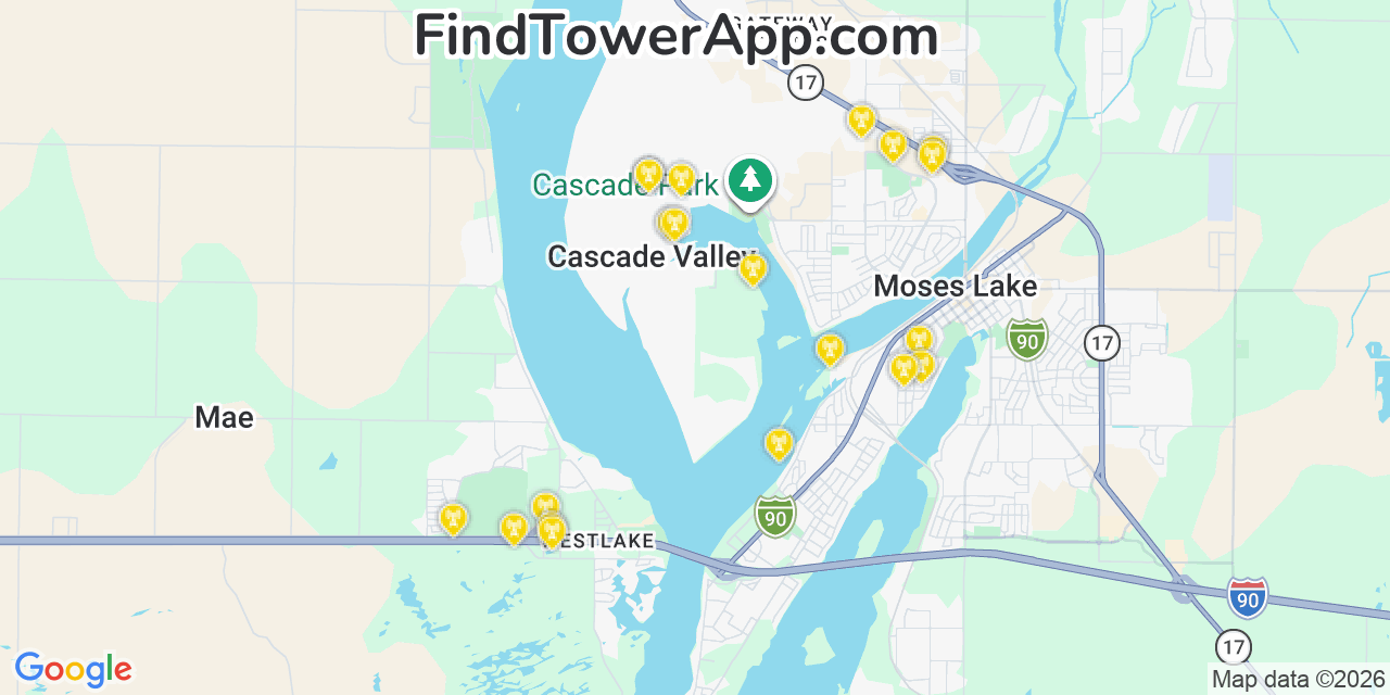 Map showing the 20 primary cell tower locations detected in Cascade Valley, Washington from AT&T, Verizon, and T-Mobile networks
