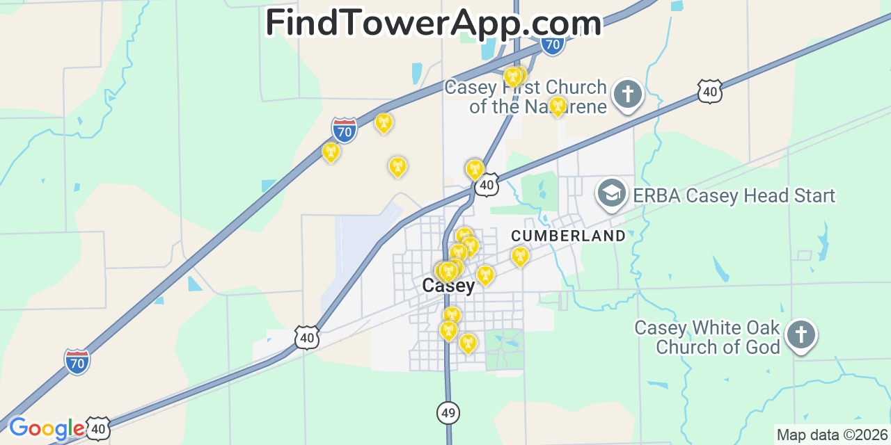 Map showing the 20 primary cell tower locations detected in Casey, Illinois from AT&T, Verizon, and T-Mobile networks