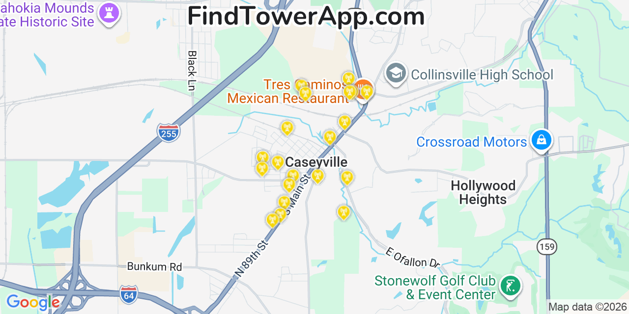 Map showing the 20 primary cell tower locations detected in Caseyville, Illinois from AT&T, Verizon, and T-Mobile networks