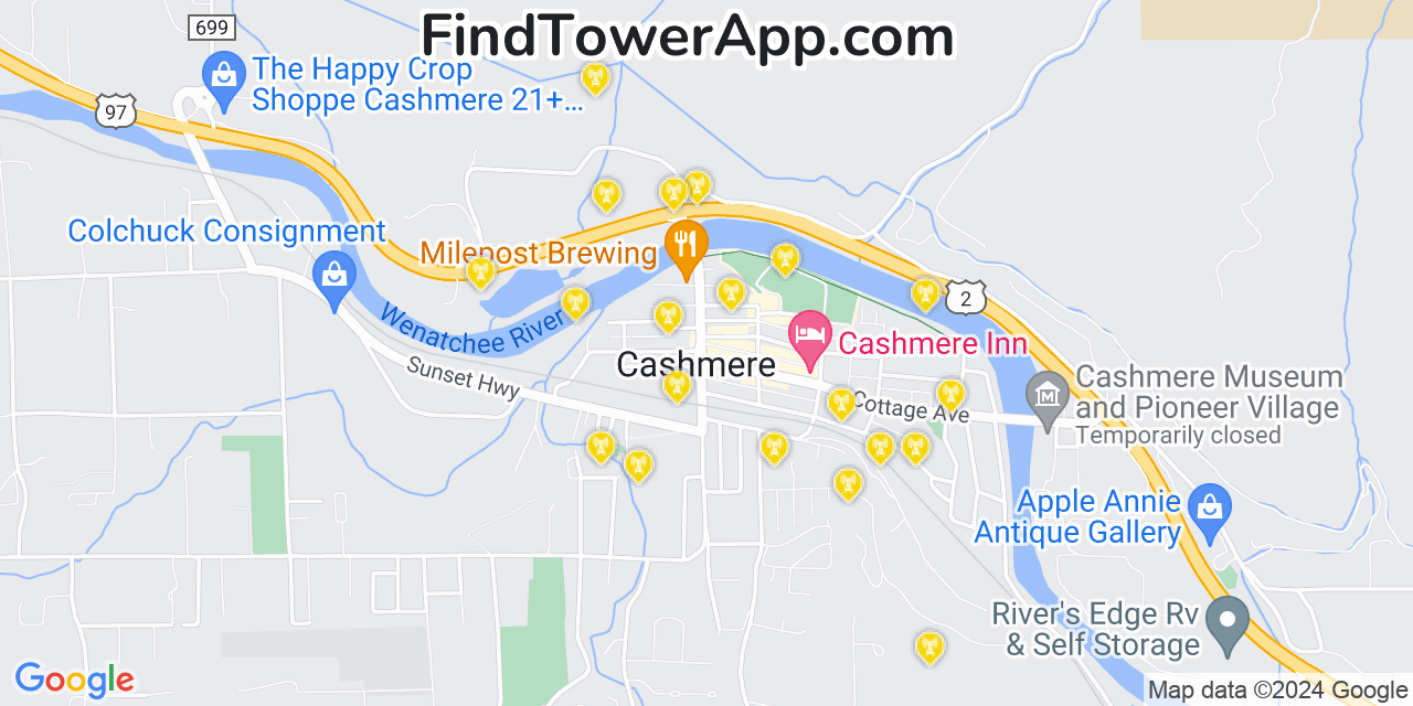 AT&T 4G/5G cell tower coverage map Cashmere, Washington