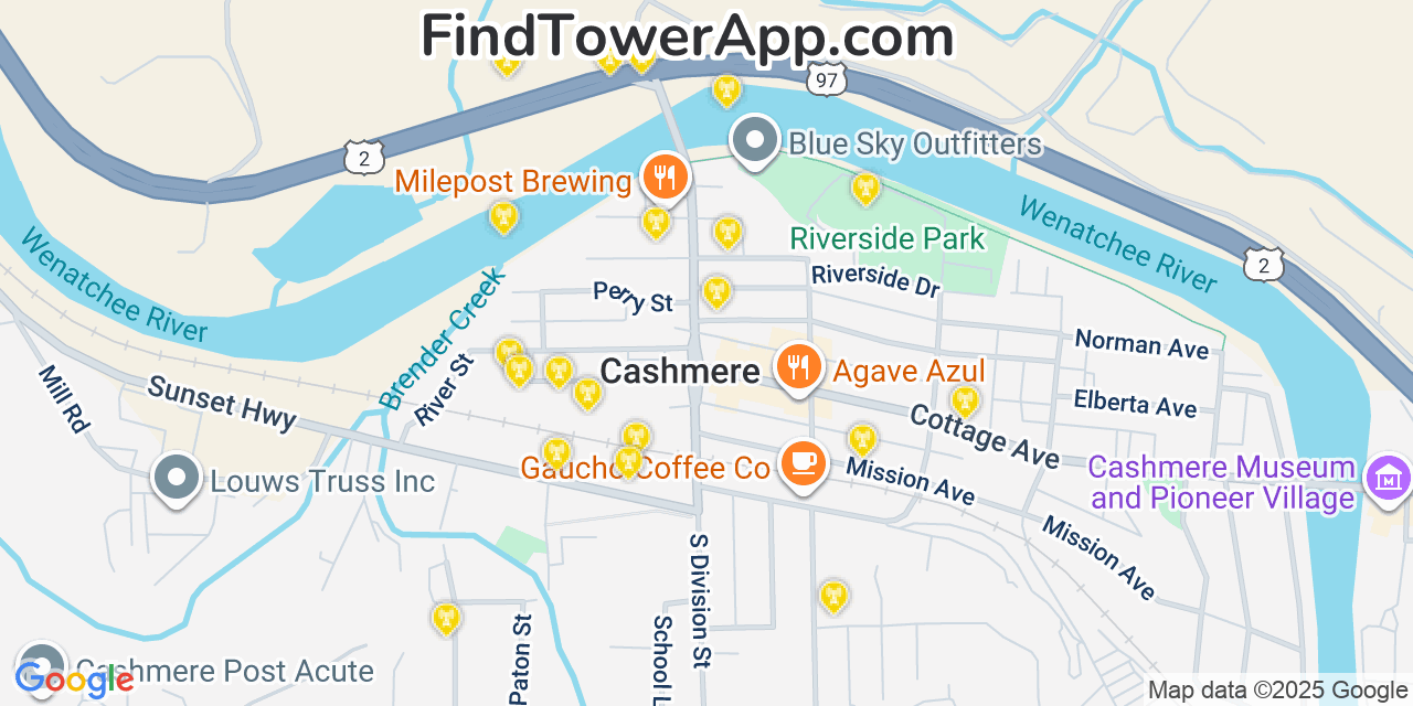 Map showing the 20 primary cell tower locations detected in Cashmere, Washington from AT&T, Verizon, and T-Mobile networks