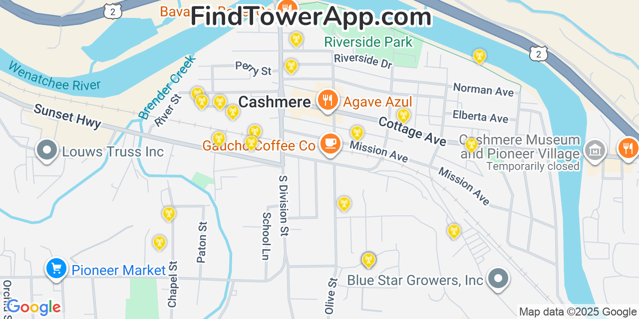 Map showing the 20 primary cell tower locations detected in Cashmere, Washington from AT&T, Verizon, and T-Mobile networks