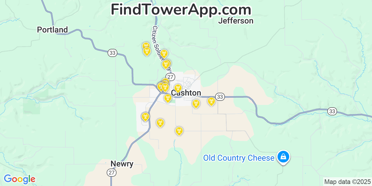 Map showing the 20 primary cell tower locations detected in Cashton, Wisconsin from AT&T, Verizon, and T-Mobile networks