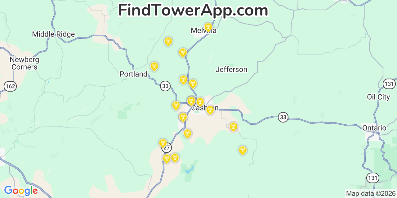 Map showing the 20 primary cell tower locations detected in Cashton, Wisconsin from AT&T, Verizon, and T-Mobile networks