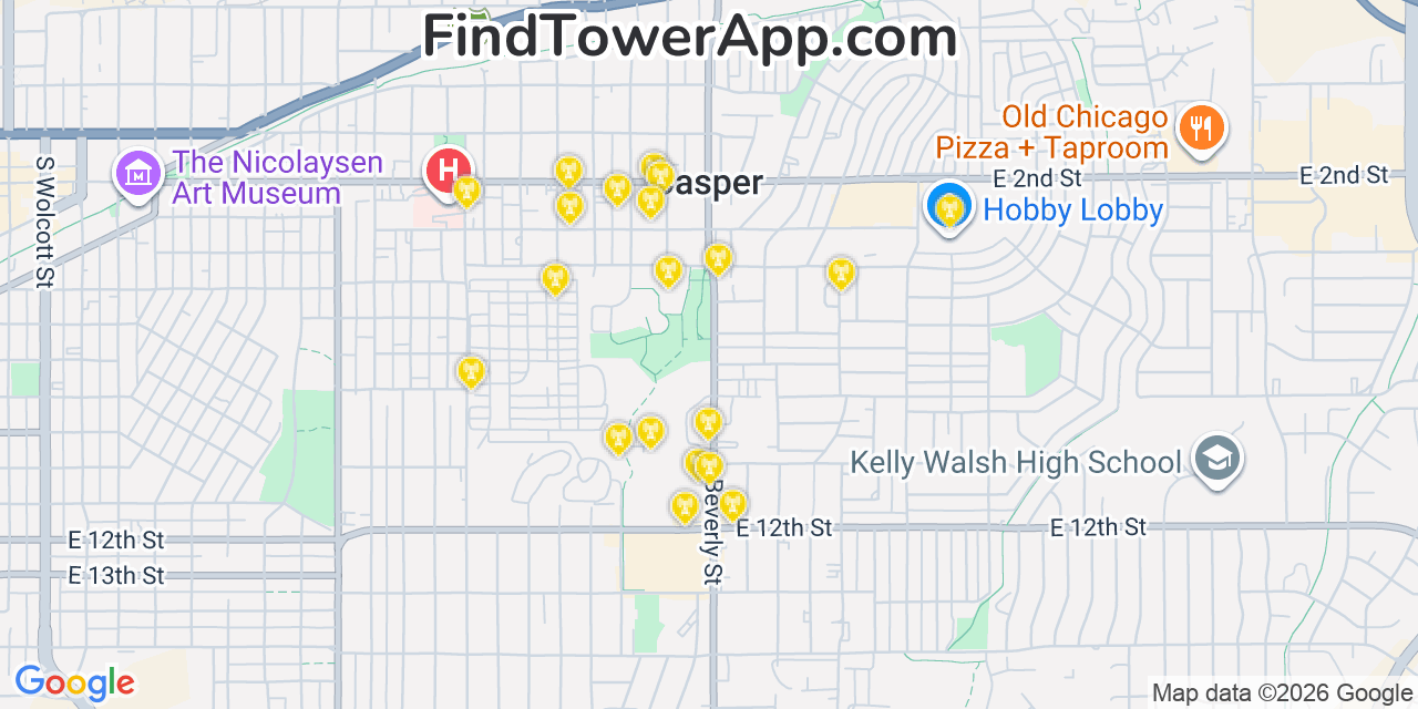 Map showing the 20 primary cell tower locations detected in Casper, Wyoming from AT&T, Verizon, and T-Mobile networks