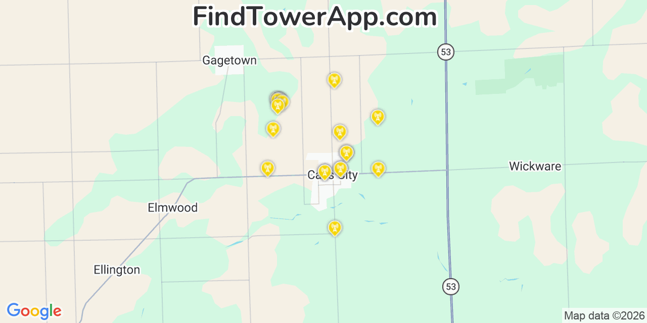 Map showing the 20 primary cell tower locations detected in Cass City, Michigan from AT&T, Verizon, and T-Mobile networks