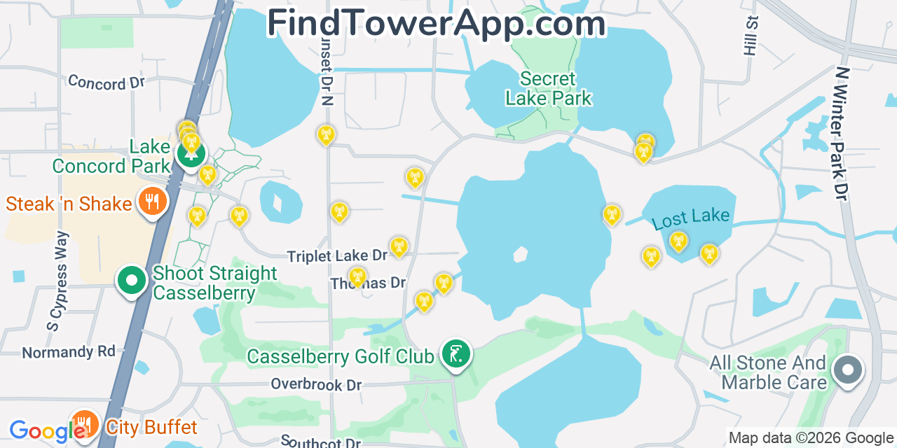 Map showing the 20 primary cell tower locations detected in Casselberry, Florida from AT&T, Verizon, and T-Mobile networks