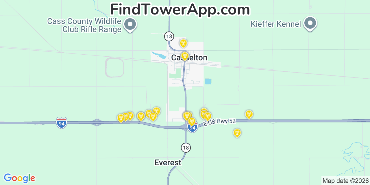 Map showing the 20 primary cell tower locations detected in Casselton, North Dakota from AT&T, Verizon, and T-Mobile networks