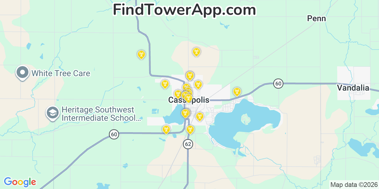 Map showing the 20 primary cell tower locations detected in Cassopolis, Michigan from AT&T, Verizon, and T-Mobile networks