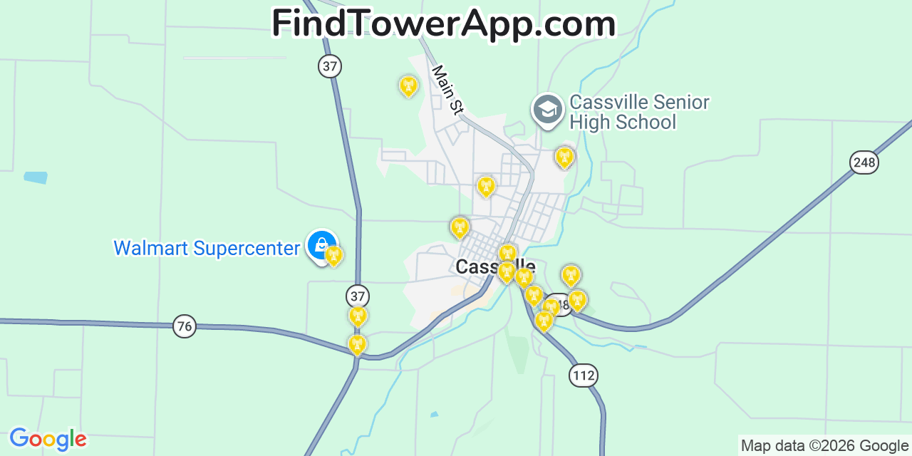 Map showing the 20 primary cell tower locations detected in Cassville, Missouri from AT&T, Verizon, and T-Mobile networks