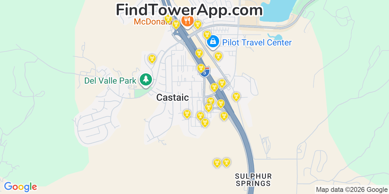 Map showing the 20 primary cell tower locations detected in Castaic, California from AT&T, Verizon, and T-Mobile networks