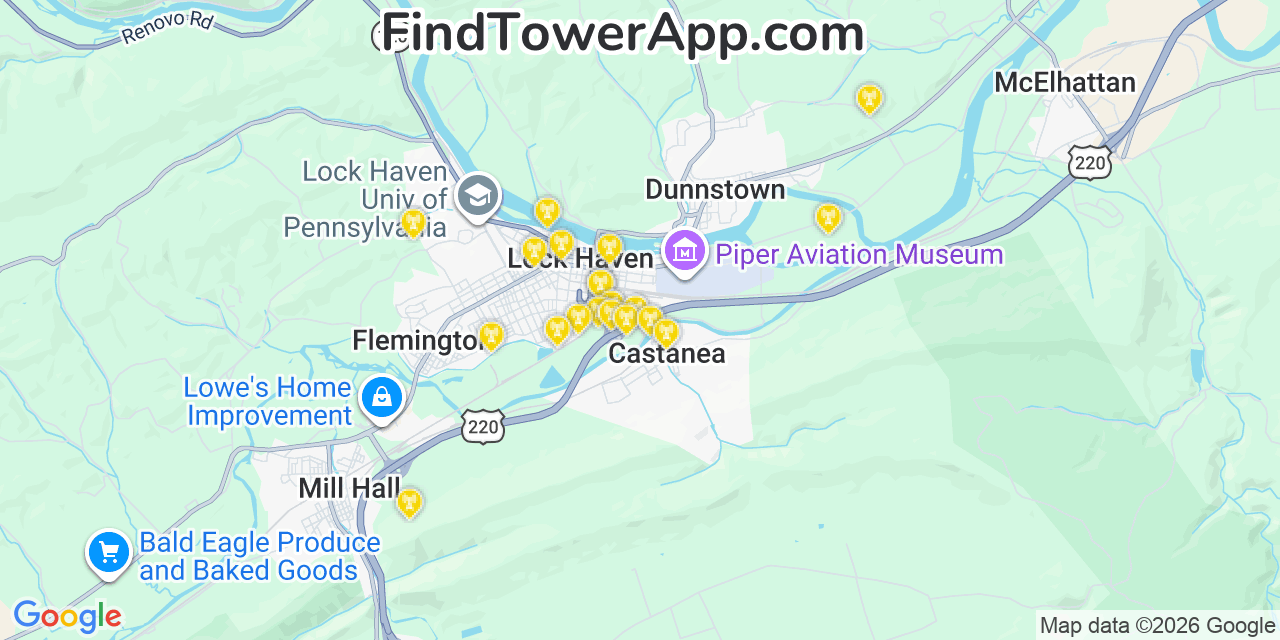 Map showing the 20 primary cell tower locations detected in Castanea, Pennsylvania from AT&T, Verizon, and T-Mobile networks